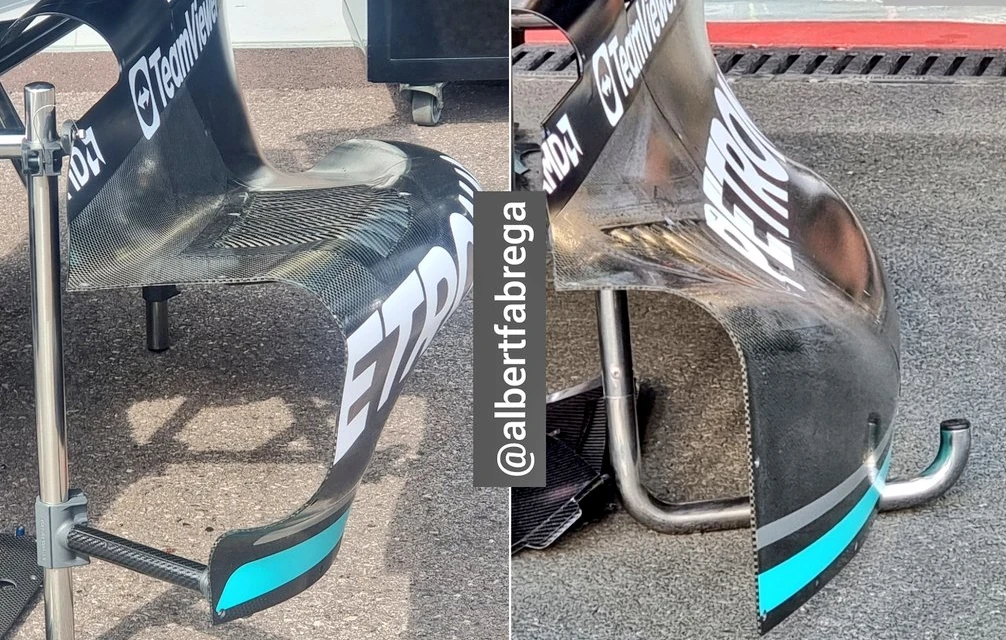 Comparison of the new and the old sidepods of the Mercedes W14