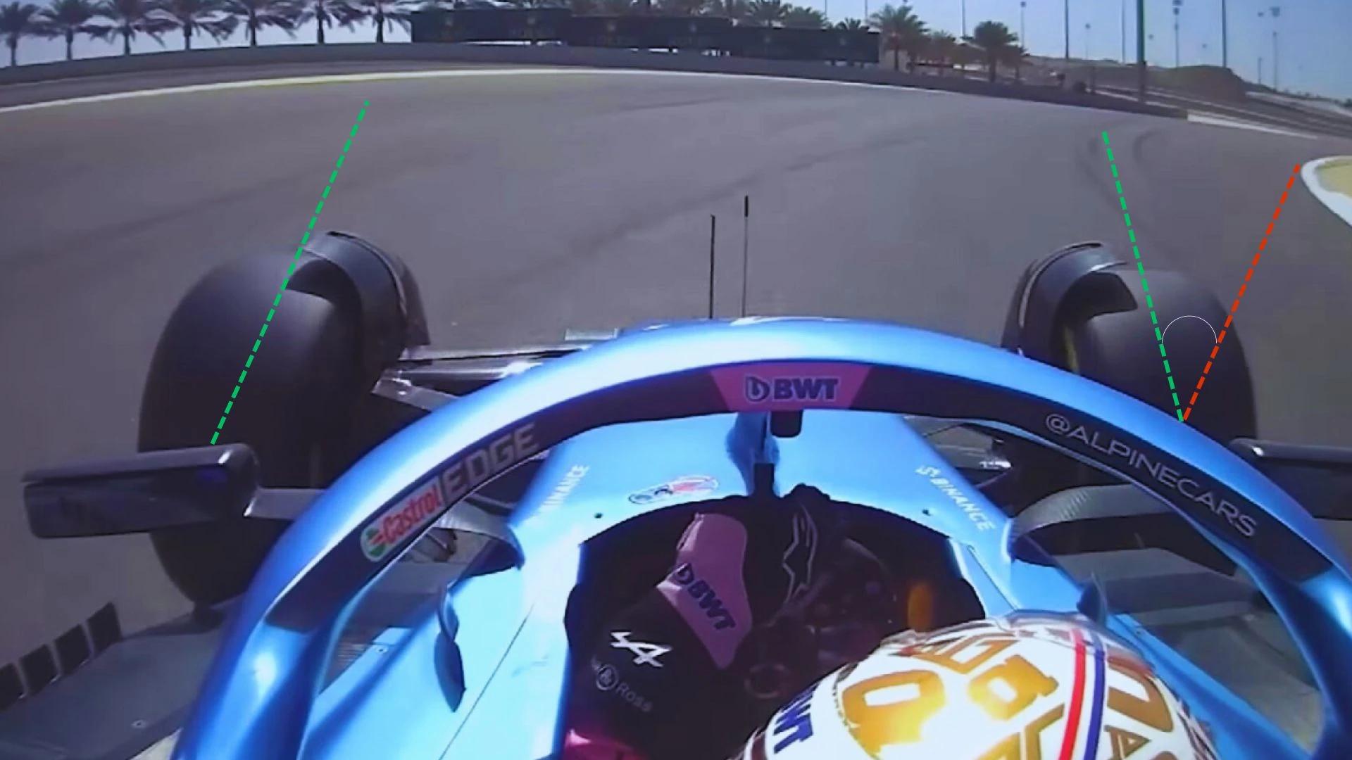 Front wheels steering during a right-hand corner (Pierre Gasly, Alpine A523)